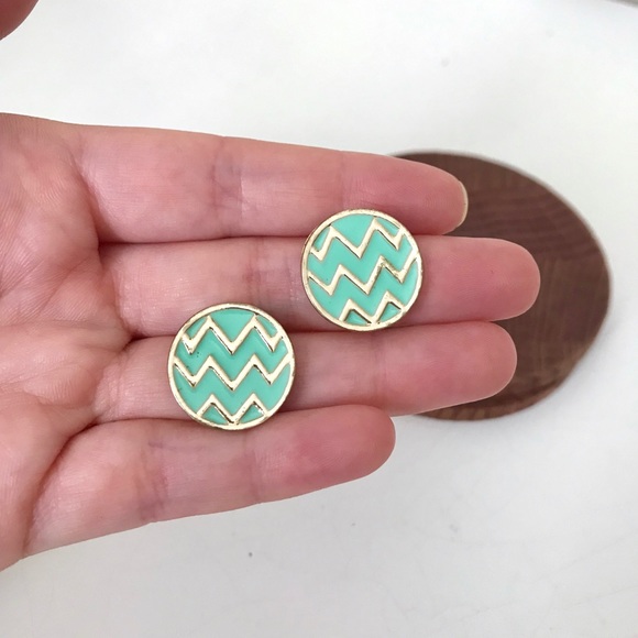 Aqua & Gold Chevron Circle Post Earrings - Picture 2 of 2